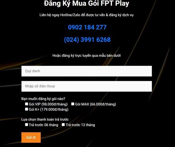 Đăng ký gói FPT Play qua form đăng ký trực tuyến