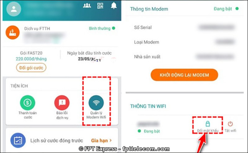 Đăng nhập app MyViettel chọn quản lý modem wifi rồi tiến hành thay đổi pass wifi