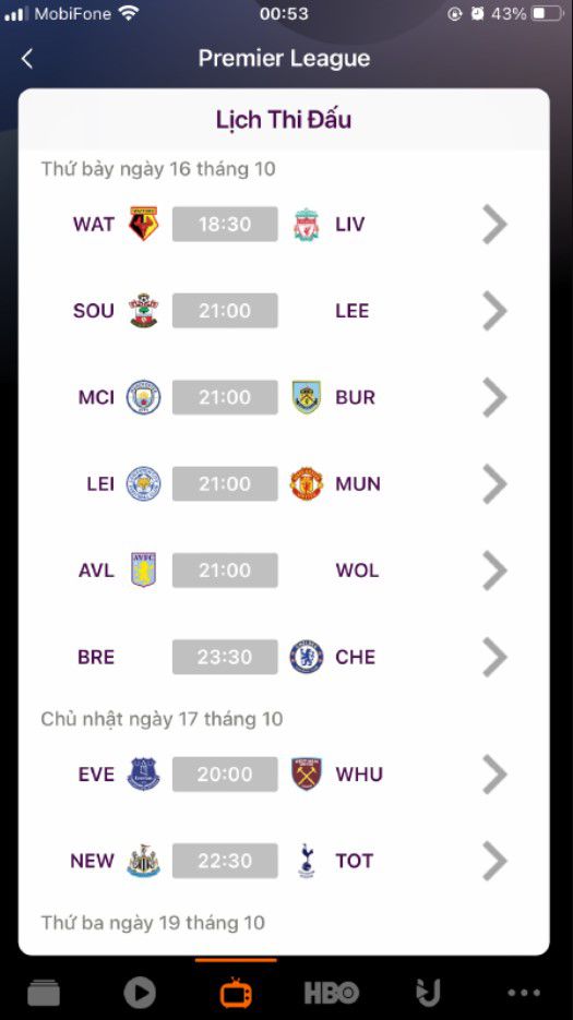 Chọn "Premier League" để xem lịch thi đấu