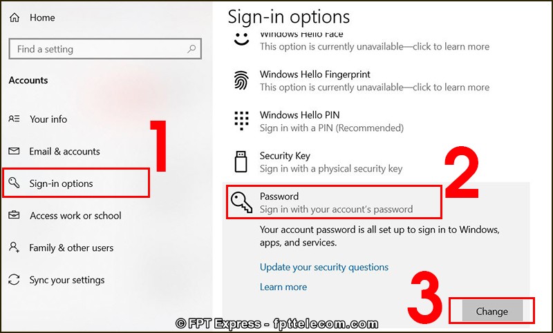 Chọn Change để đặt mật khẩu máy tính hoặc thay đổi mật khẩu cũ