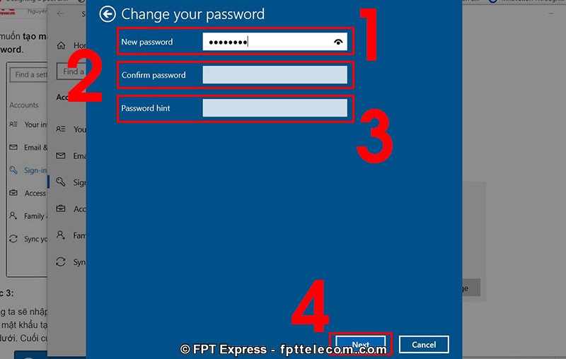 Nhập mật khẩu đăng nhập và xác nhận sau đso nhấn Next