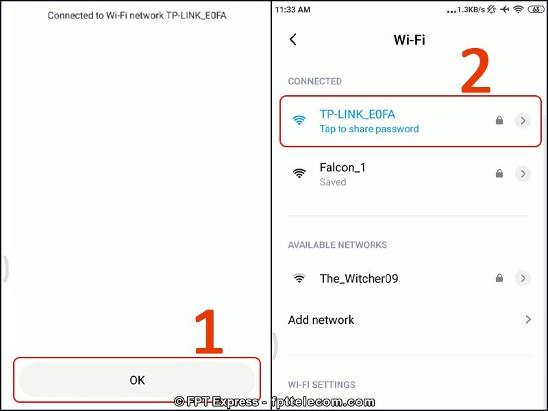Nhấn "OK" để hoàn tất cách kết nối wifi ko cần mật khẩu qua WPS trên điện thoại Android