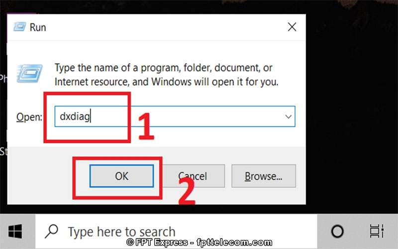 Nhấn tổ hợp phím Windows + R rồi nhập dxdiag để khởi động lệnh kiểm tra cấu hình máy tính