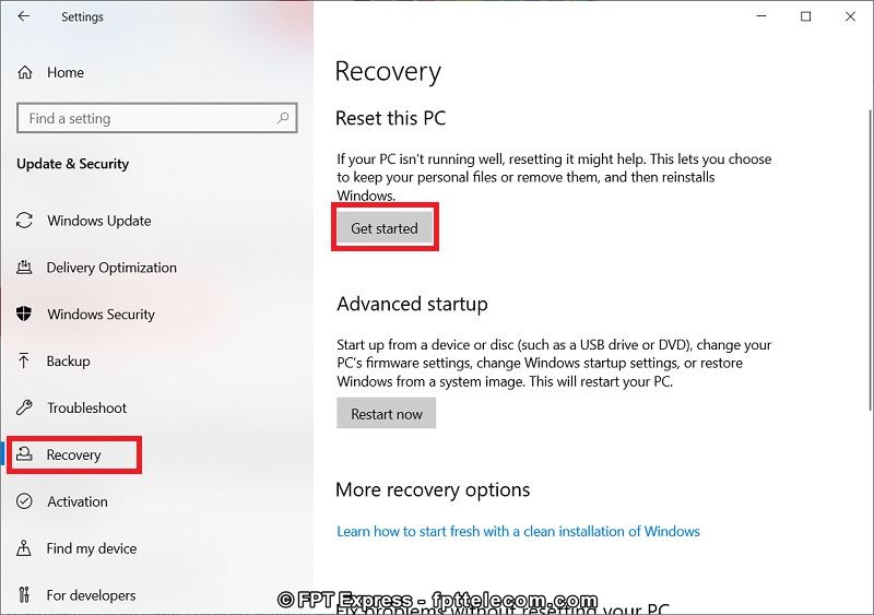Bước thứ 2 chọn Recovery để bắt đầu khôi phục cài đặt gốc laptop
