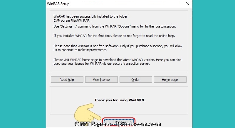 Nhấn Done nhằm ngừng quy trình thiết đặt ứng dụng Winrar