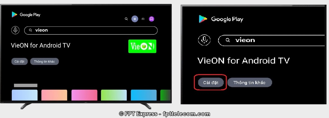 Tìm kiếm với từ khóa VieON trên kho ứng dụng của Android TV