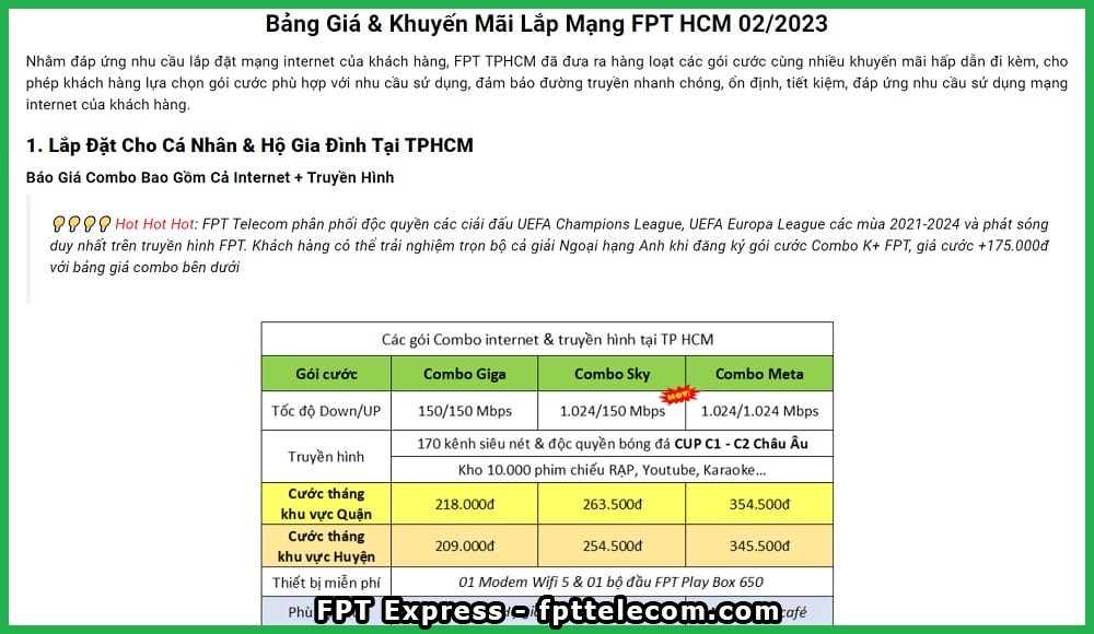 Xem thông tin bảng giá mạng FPT tại từng chi nhánh (Ví dụ ở đây là chi nhánh TP Hồ Chí Minh)